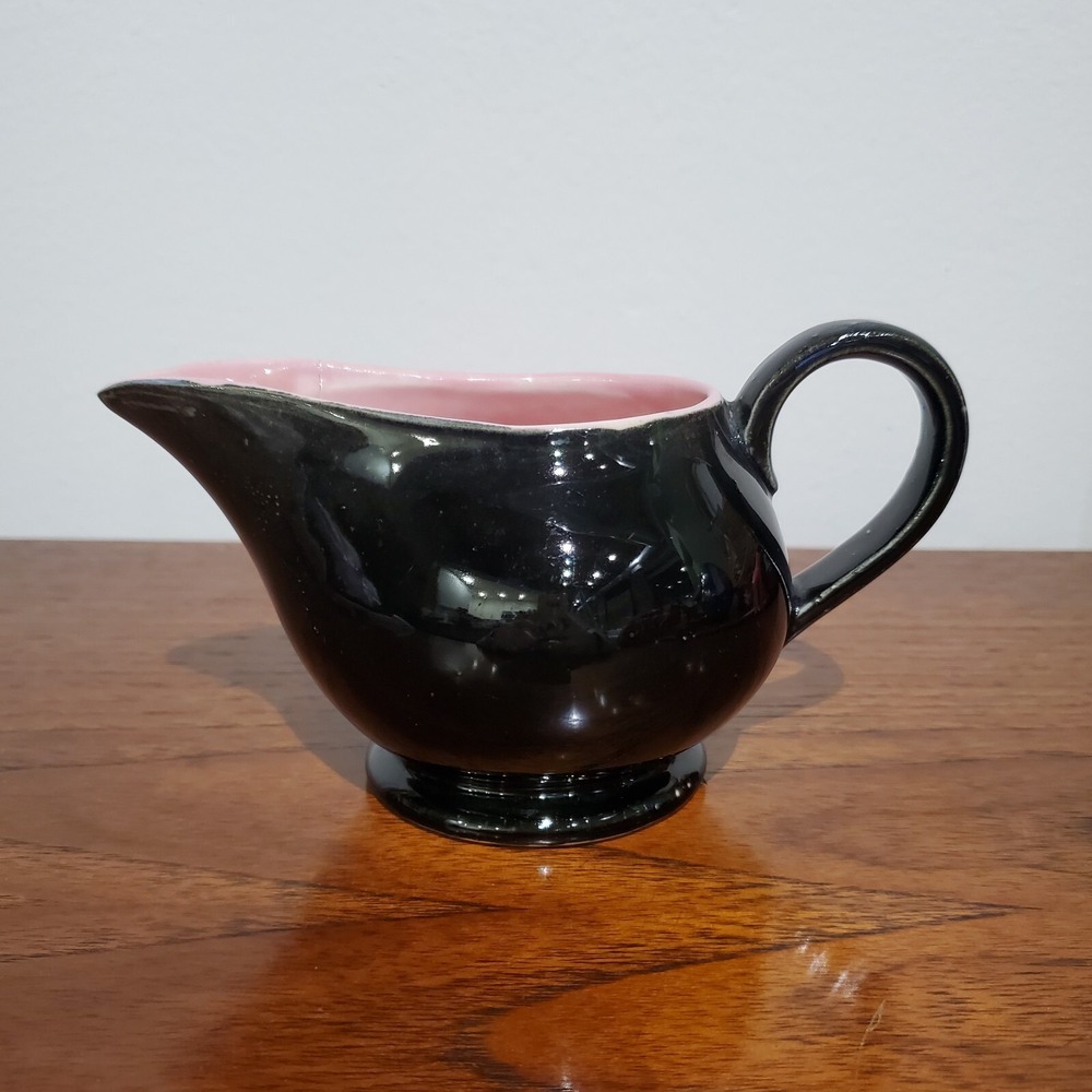 1950s MCCOY Creamer Pink Black Mid Century USA Ceramic‎ Footed Pitcher